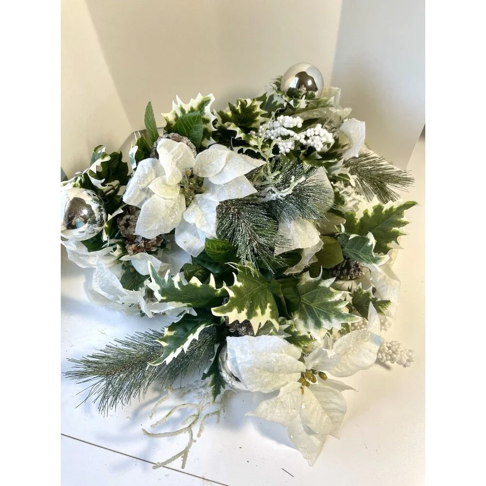 Lot of 3 White Artificial Poinsettias, Snowy pine and Sliver Ornaments